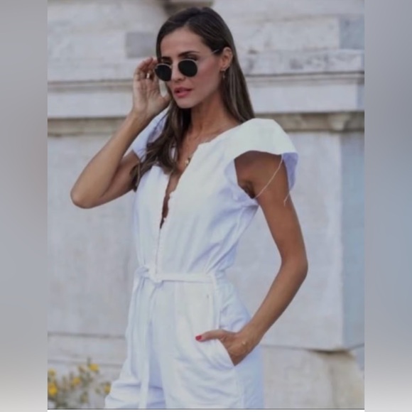 Zara White Rustic Cap Flutter Sleeve Jumpsuit Belted Cotton Summer Sz Small - Picture 7 of 16